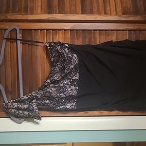 Off one shoulder Black dress L side zip lace and sequins on top and ruched body
